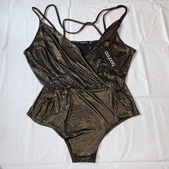 AMIE Strappy Metallic Shimmer Wrap Front Bodysuit NWT - Picture 5 of 14
